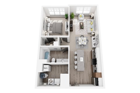 Floor plan for 1 bed, 1 bath, 744 sqft